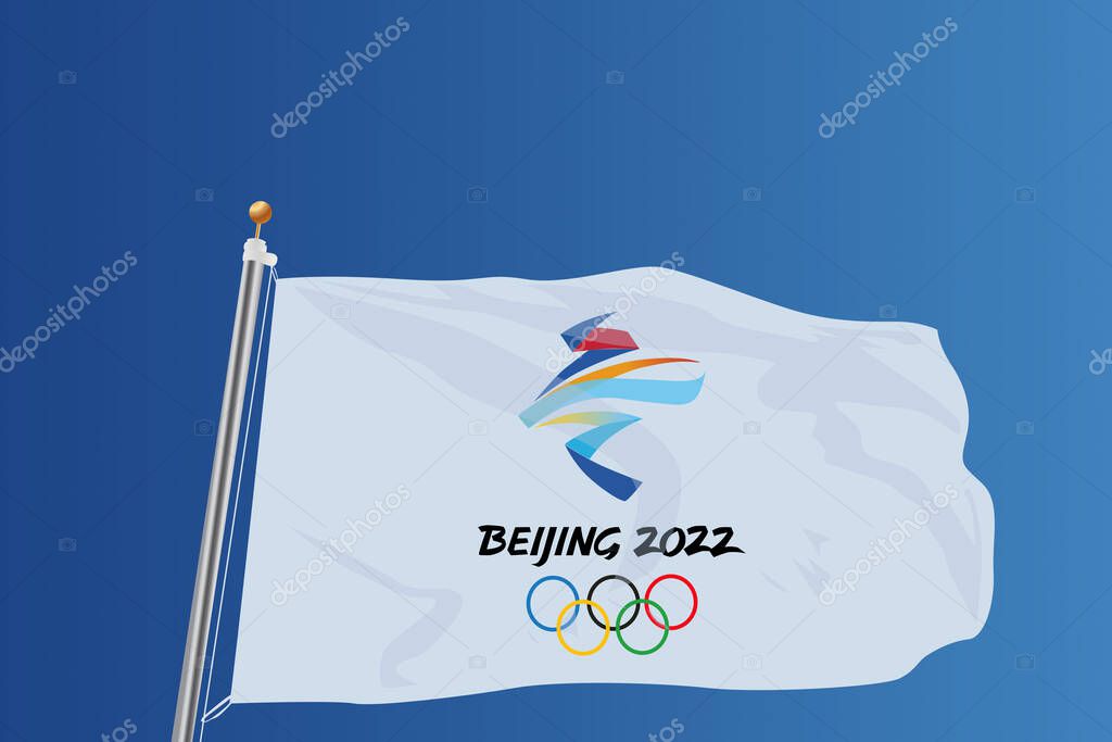 Beijing, China, February 2022, XXIV Winter Olympics Games flag with logotype, vector, editorial