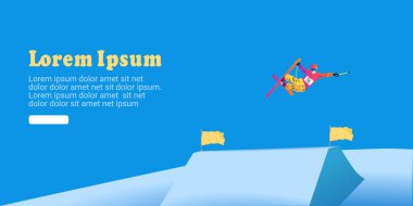 Mavi arka planda atlayan soyut bir adamın UI tasarımı. Kayak Zıplama, Freeski Büyük Hava, Freeski Yarıboru