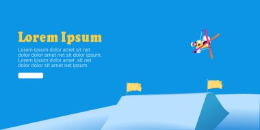 Mavi arka planda atlayan soyut bir adamın UI tasarımı. Kayak Zıplama, Freeski Büyük Hava, Freeski Yarıboru