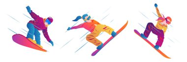 Erkek ve iki kadın snowboard sporu yapıyor. Vektör grafik illüstrasyonu