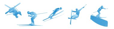  Mavi arka planda atlayan soyut bir adamın UI tasarımı. Kayak Zıplama, Freeski Büyük Hava, Freeski Yarıboru