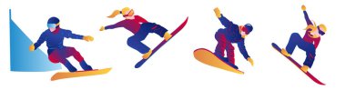 Erkekler ve kadınlar snowboard sporu yapıyorlar. Vektör grafik illüstrasyonu