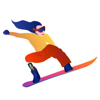 Snowboard 'da spor yapan kadınlar. Vektör grafik çizimi. Para snowboard 'u