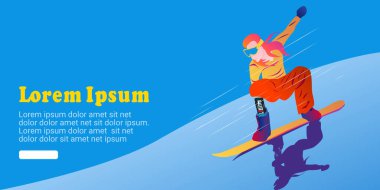 Snowboard üzerinde spor yapan kadınların UI tasarım şablonu. Vektör grafik çizimi. Para snowboard 'u