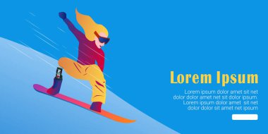 Snowboard üzerinde spor yapan kadınların UI tasarım şablonu. Vektör grafik çizimi. Para snowboard 'u