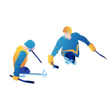 İki soyut insanın hokey oynadığı karikatür çizimi. Fiziksel engelli bir sporcu diske vuruyor. Vektör grafik çizimi. Buz hokeyi