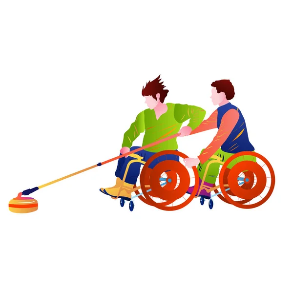 Cartoon Illustration Wheelchair Curlers Team Push Stone Cue Wheelchair Curling — Stock Vector