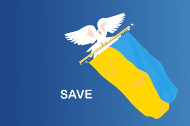 Gökyüzü renk arkaplanında izole edilmiş bir Ukrayna bayrağı ve güvercin vektör düzeni. Savaşı durdurun.