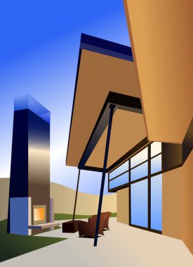 Modern bir evin dış görünüşü pastel renklerle çizilmiş. 