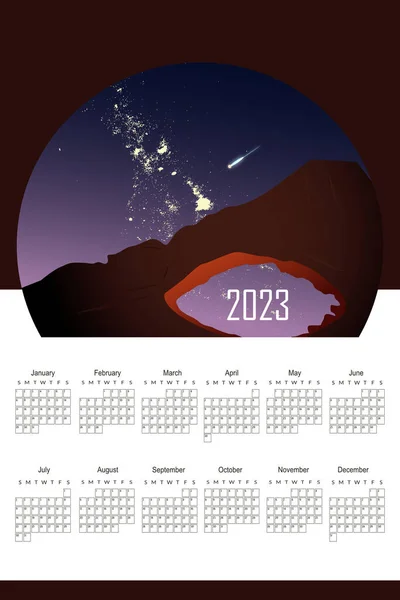 Календарь 2023 Падение Метеорита Фоне Звездного Неба Каньона — стоковый вектор