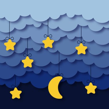 Mavi bulutlar illüstrasyon kartpostal arkaplan kağıt kedi stili gökyüzü yıldızları ayı