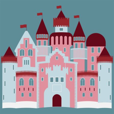 Mavi arka planda düz stil bir peri masalı şatosu