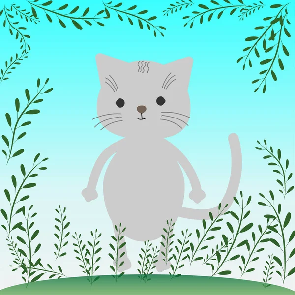 Karikatur graues Kätzchen auf einem Hügel mit Pflanzen. — Stockvektor