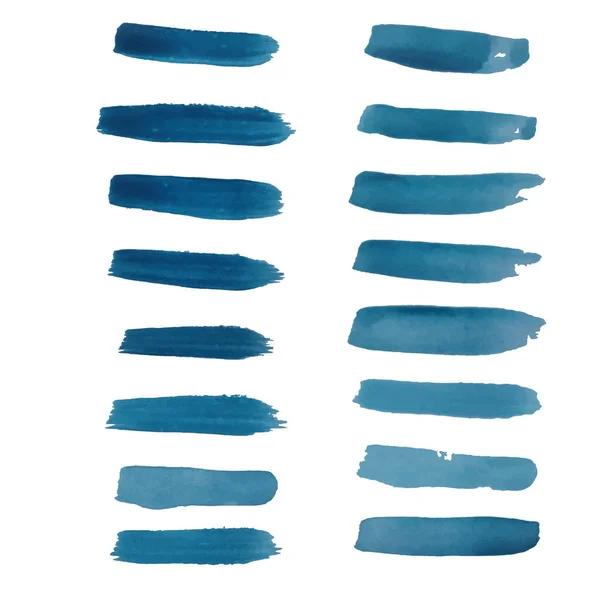 Akvarell penseldrag blå färg. Vektoruppsättning. — Stock vektor