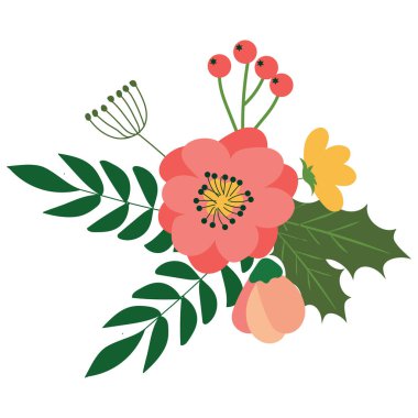 Portakallı, çalı çırpı ve pastel renkli böğürtlenli çiçek kompozisyonu. Desenler için tatil kartı şablonu tasarımı ögesi