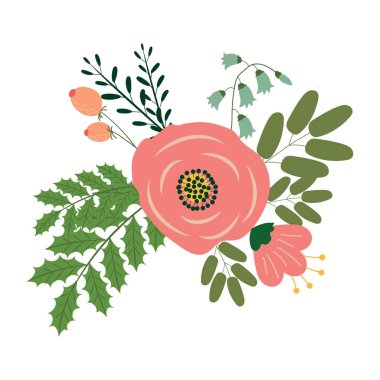 Çiçek dalları ve pastel renkli böğürtlenli çiçek kompozisyonu. Desenler için tatil kartı şablonu tasarımı ögesi