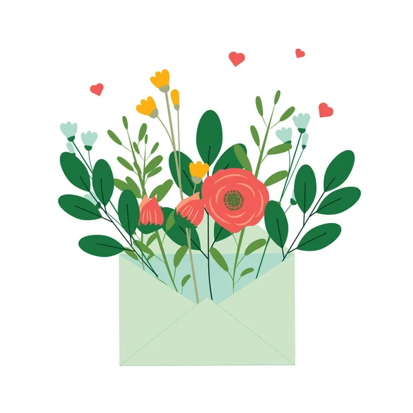 Beyaz arka planda çiçekli şirin bir kompozisyon. Etrafında kalpler olan bir zarfın içinde..