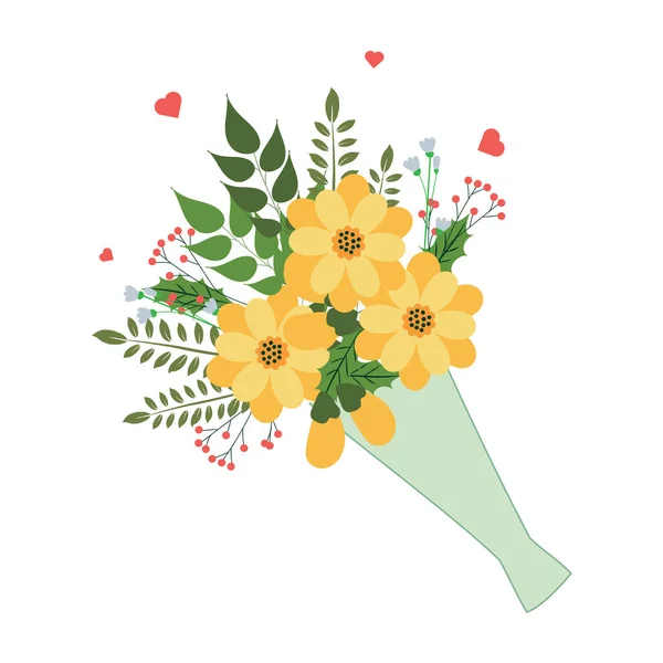 Beyaz arka planda çiçekli şirin bir kompozisyon. Etrafta kalpler olan bir buket.