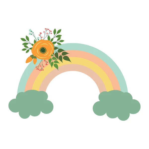 Gökkuşağı ve beyaz arka planda çiçekler olan sevimli renkli bir illüstrasyon..