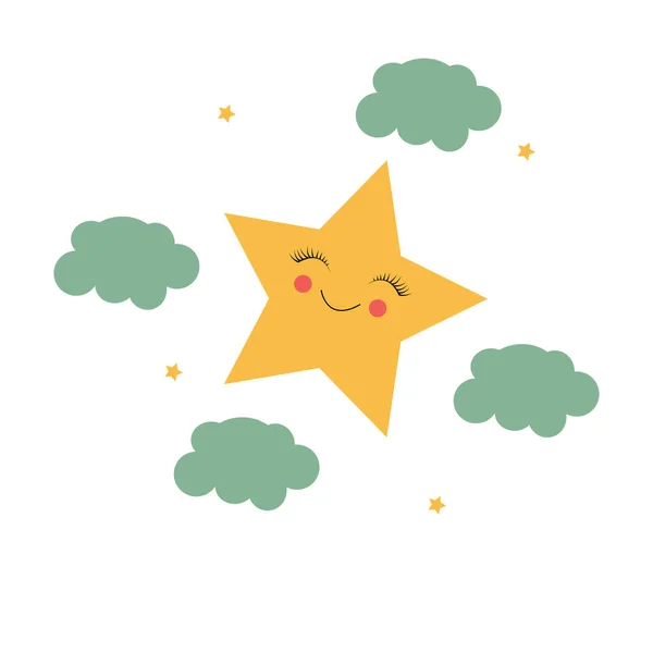 Cute yellow smiling vector little star isolated on white background with clouds