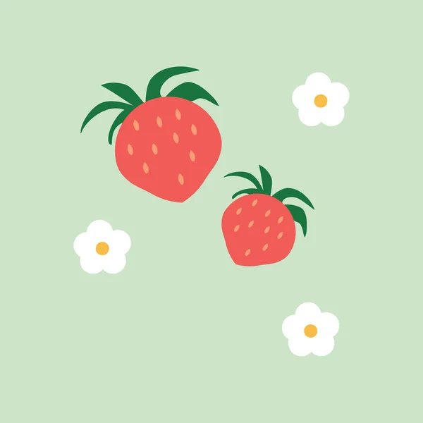 Vector Strawberry with flowers on the blue background. Flat Design Illustration