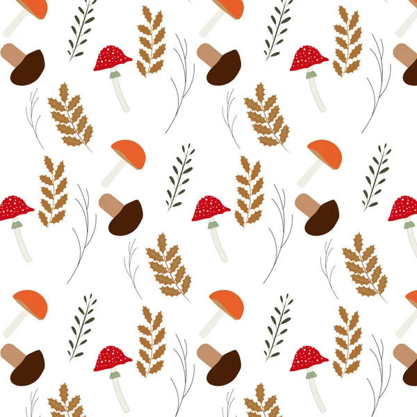 Cute seamless pattern with autumn leaves and mushrooms