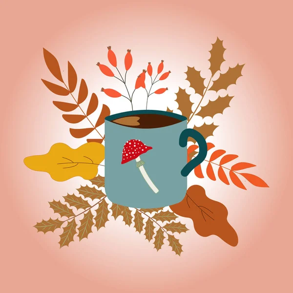 Set of coffee cup with leaves isolated on white background. Vector banner design for coffee shop, cafe. Drawing on a glass of pumpkin coffee. What with cream