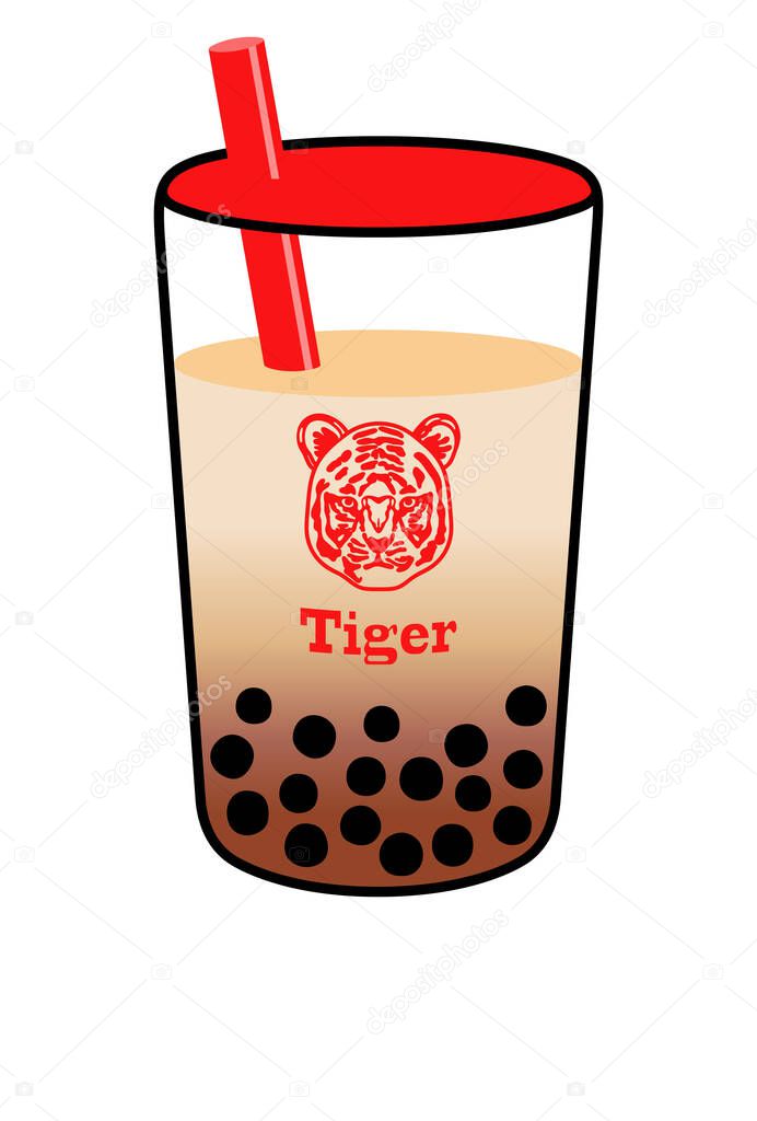Illustration of a cup of tapioca drink with a tiger's face on it . It is a template of the New Year's card of the tiger year of the zodiac. There is a margin to make it easier to insert characters. 