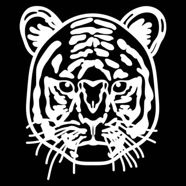 Ön tarafa bakan bir kaplanın siyah beyaz çizimi. Sadece öne bakan bir kaplanın yüzünü tasvir eden bir çizim.. 