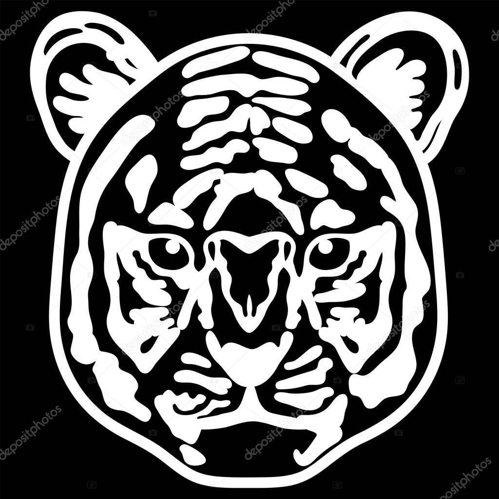  Black and white illustration of a tiger's face facing the front. An illustration depicting only the face of a tiger facing the front.