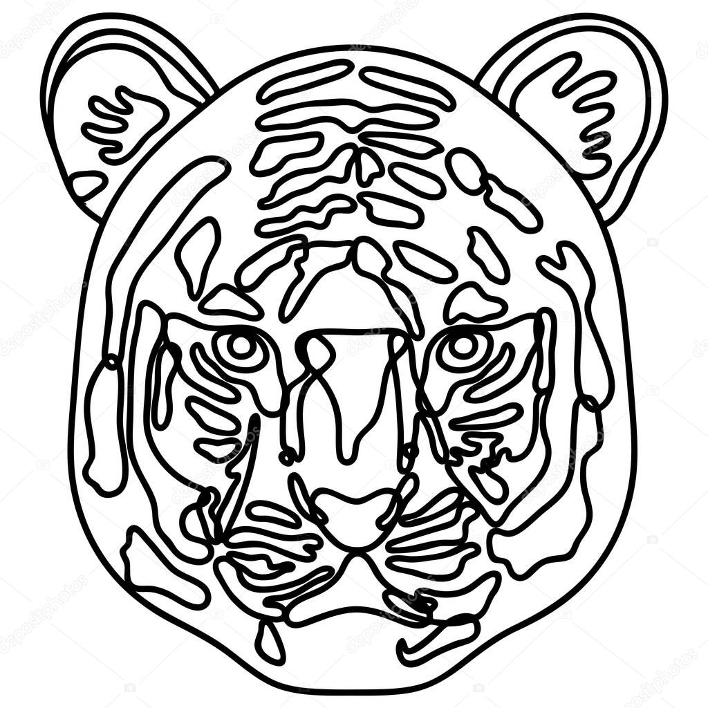 Black and white illustration of a tiger's face facing the front.An illustration depicting only the face of a tiger facing the front. 