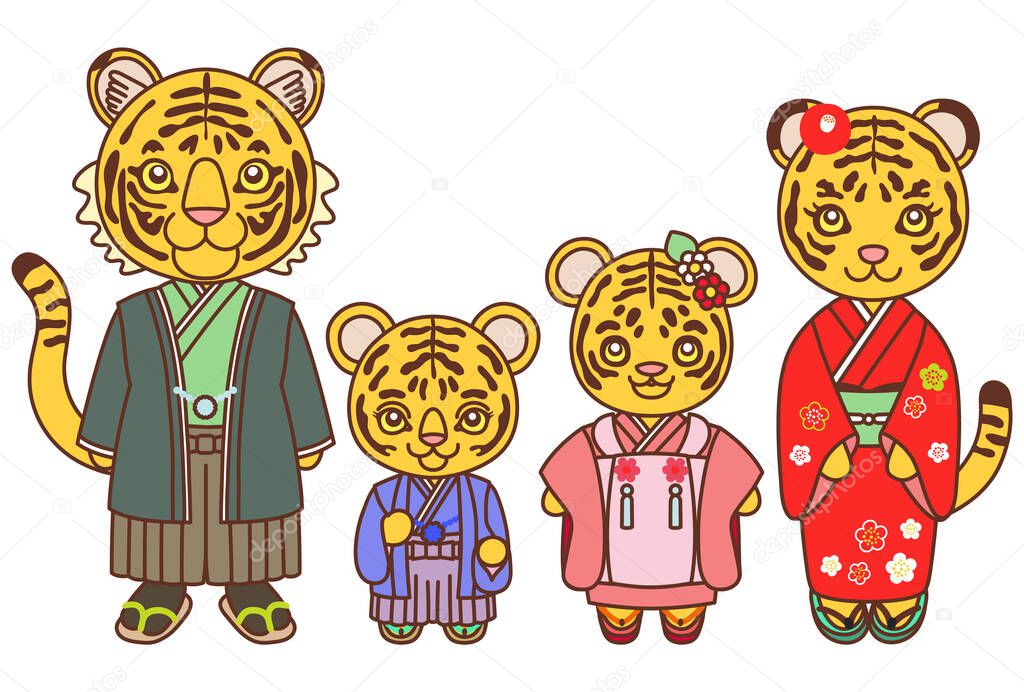 Illustration of a tiger family wearing a kimono 