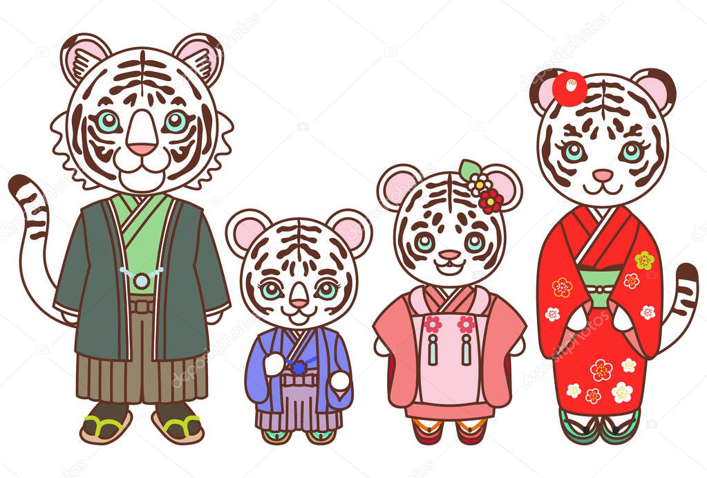 Illustration of a white tiger family wearing a kimono 