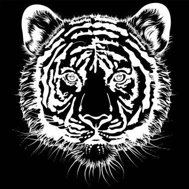  Black and white illustration of a tiger's face facing the front.Black and white illustration of a bearded tiger's face drawn in white on a black background. 