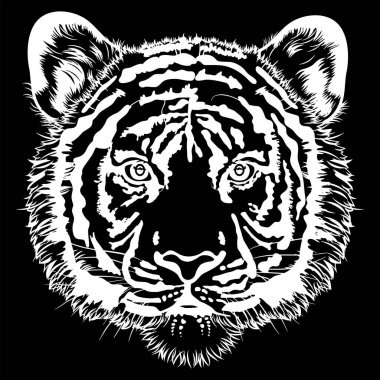 Black and white illustration of a tiger's face facing the front .  Illustration of a tiger's face drawn in white on a black background .