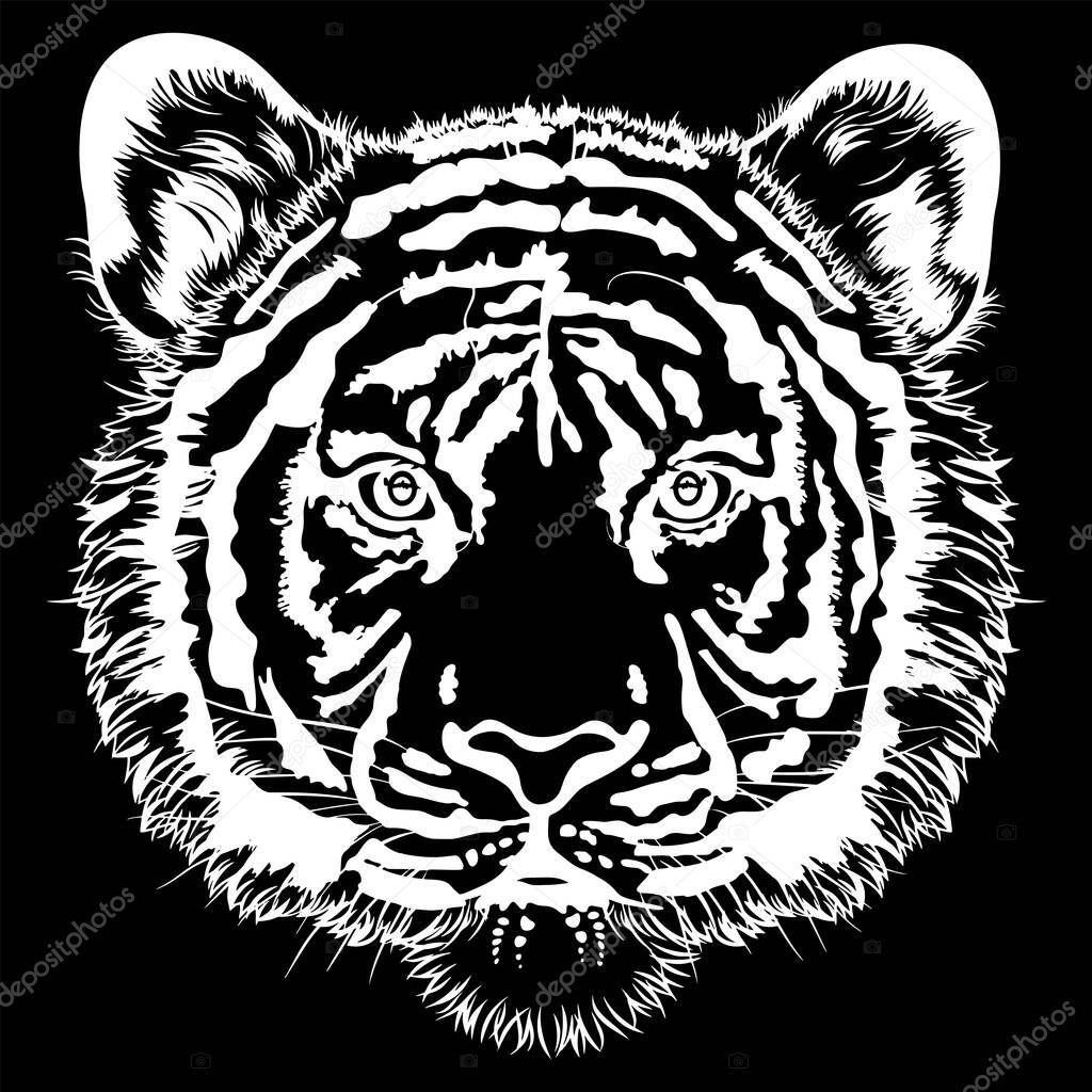 Black and white illustration of a tiger's face facing the front .  Illustration of a tiger's face drawn in white on a black background .