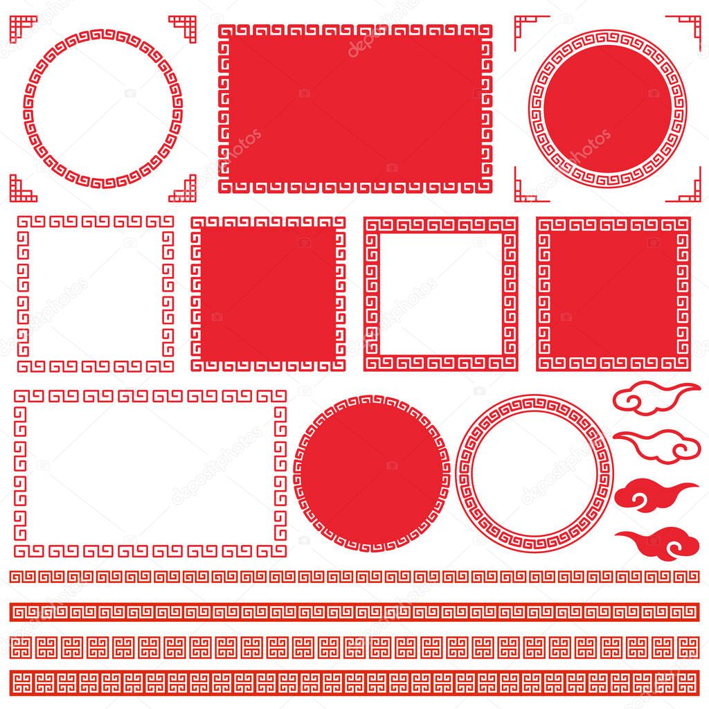 Set illustration of decorative frame with Chinese pattern.  A set illustration of a Chinese-style decorative frame. There is a margin to make it easier to design with characters.