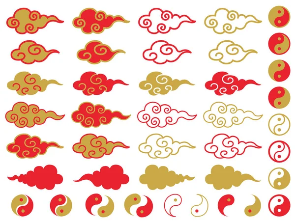 Chiński Styl Wzór Chmury Yin Yang Wzór Ikony Zestaw Ilustracja — Zdjęcie stockowe