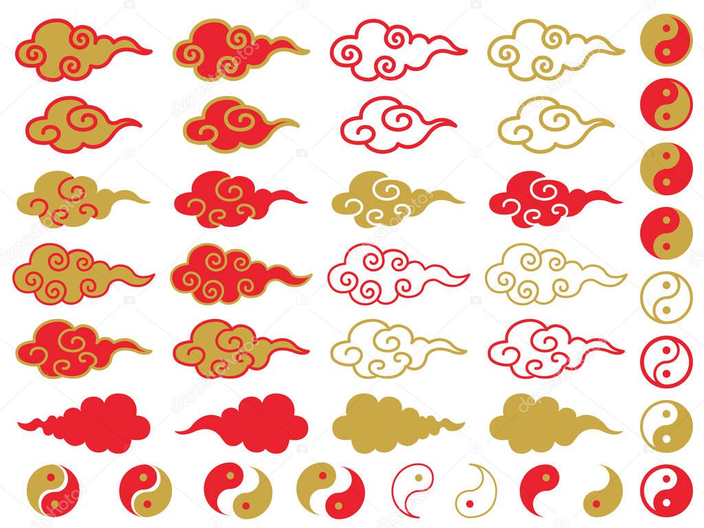 Chinese style cloud pattern and yin and yang pattern icon set.  Illustration of traditional cloud pattern. It is a traditional pattern of oriental culture such as China and Taiwan.  It can be used as a design icon. 