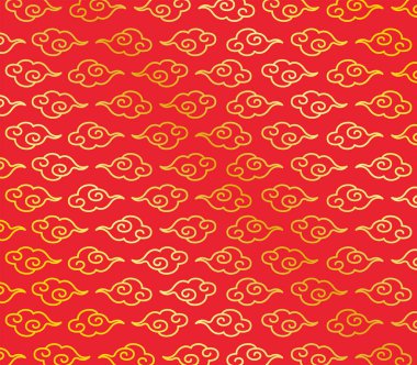 Kırmızı zemin üzerine altın rengi çizilmiş geleneksel bir Çin tarzının bulut deseni çizimi. 