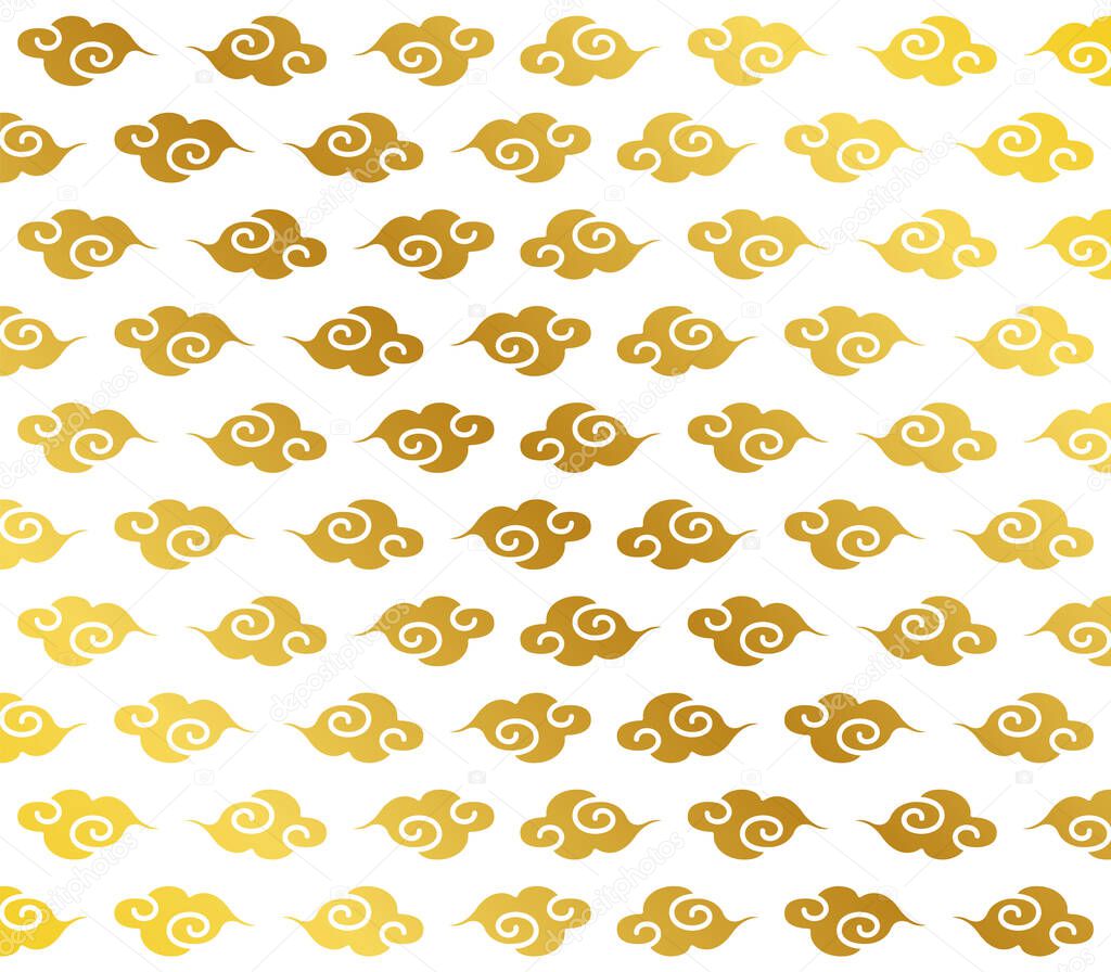 A cloud pattern illustration of a traditional Chinese style pattern drawn in gold on a white background.A simple cloud pattern illustration can be used as a design background. 