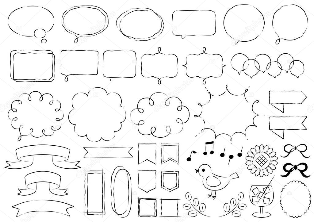  A set illustration of a simple hand-drawn speech bubble.Black and white illustrations of simple speech bubbles and icons that can be used for web and paper design.