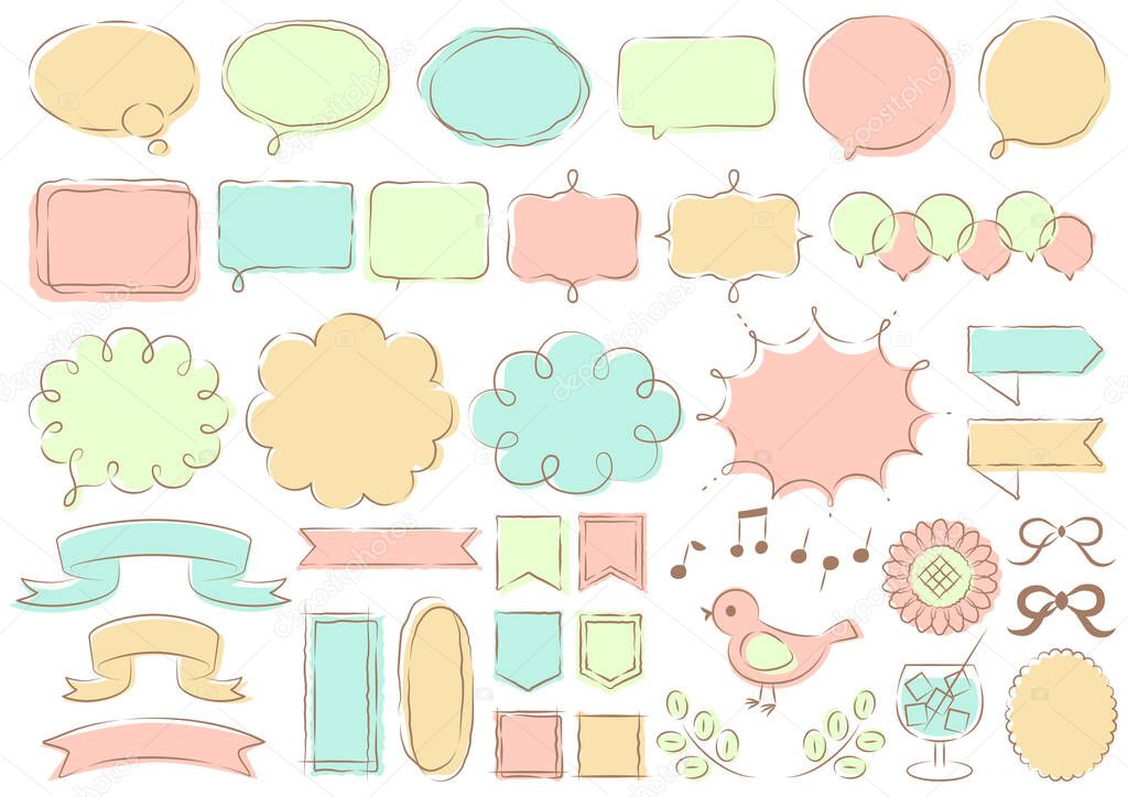 It is an illustration of a cute hand-drawn speech bubble and icon.    A set of colorful illustrations that can be used for web and paper design.