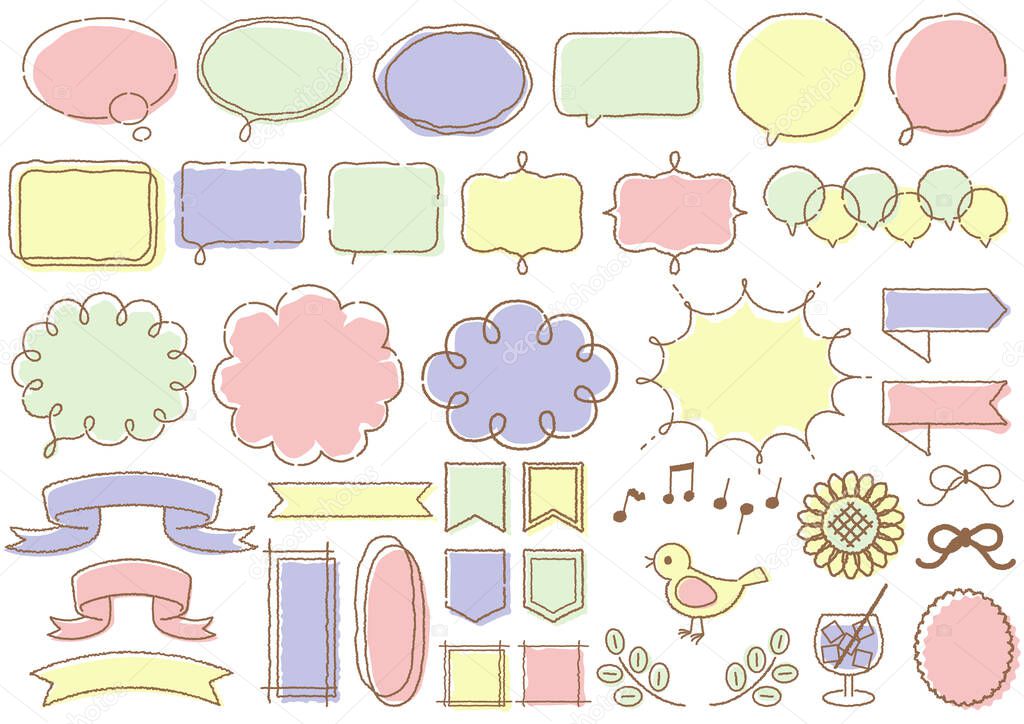A set of cute hand-drawn speech bubble illustrations.It is a colorful and cute illustration that can be used as a design material.