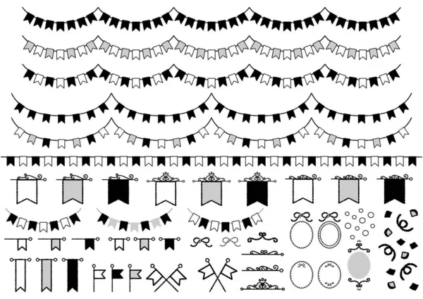 Set Black White Illustrations Garlands Flags Set Simple Monochrome Illustrations — Vetor de Stock