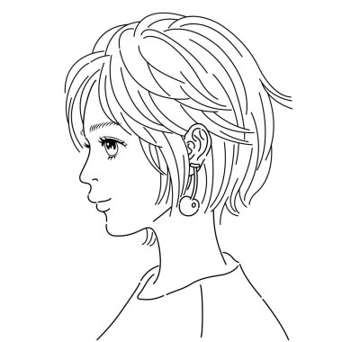 Kısa bir kesiğin profil çizimi. Siyah çizgileri olan bir kadının siyah beyaz çizgisi..