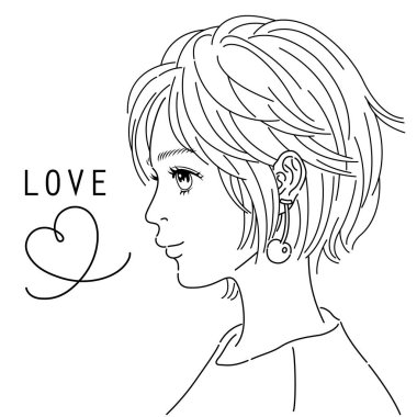 Kısa kesimli bir kadının profil çizimi. Bu bir siyah beyaz çizgi çizen bir kadın ve bir kalp işareti..