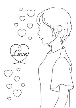 Yüzü yana bakan ve kalp izi olan bir kadının çizimi. Kısa saçlı bir kadının siyah çizgilerle çizilmiş üst gövdesinin tek renkli bir çizimi..