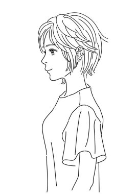 Yüzü yana bakan bir kadının çizgi çizimi. Siyah çizgilerle çizilmiş bir kadının üst gövdesinin siyah-beyaz çizimi..