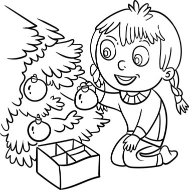 Çocuklar için boyama kitabı. Küçük kız Noel ağacını süslüyor..